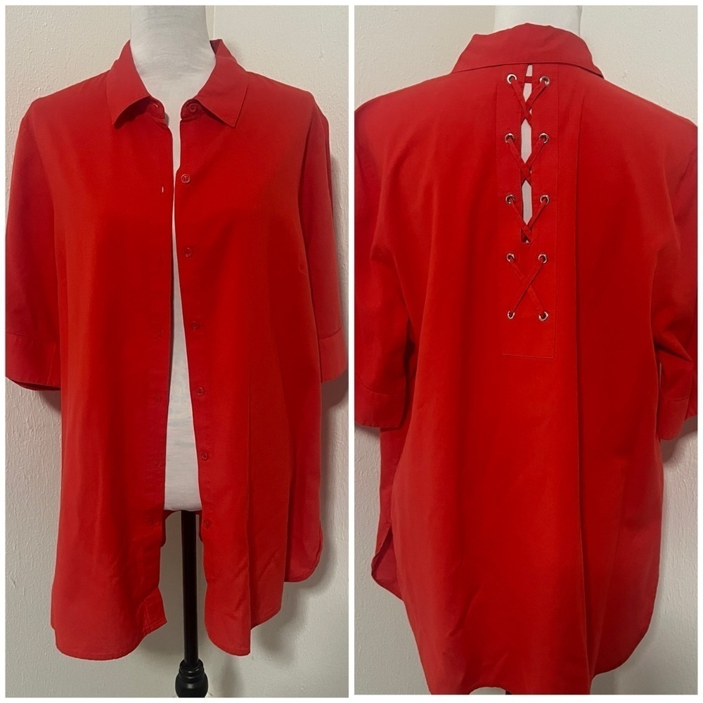 Chico's Women’s Size XL Red  Button Up Tie Back Curved Hems 100% Cotton EUC